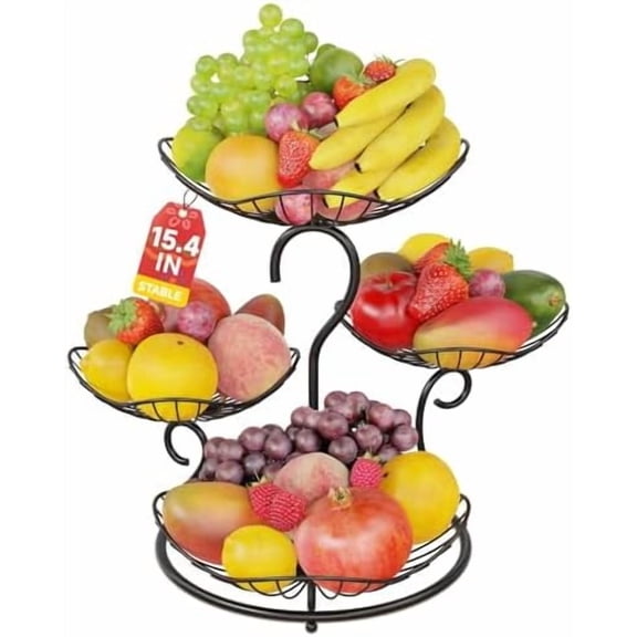 4 Tier Fruit Basket Stand for Counter, Kitchen Tiered Fruit Bowl Organizer for Dining Table Countertop, Multi Level Fresh Produce and Vegetable Holder Rack, Sturdy Metal Wire, Black