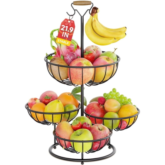 4 Tier Fruit Bowl Basket with Banana Hangers, Kitchen Counter Metal Round Produce Holder, Stable Vegetable Countertop Stand Organizer, Corner Multi Tiered Storage Rack, Sturdy Base, Black