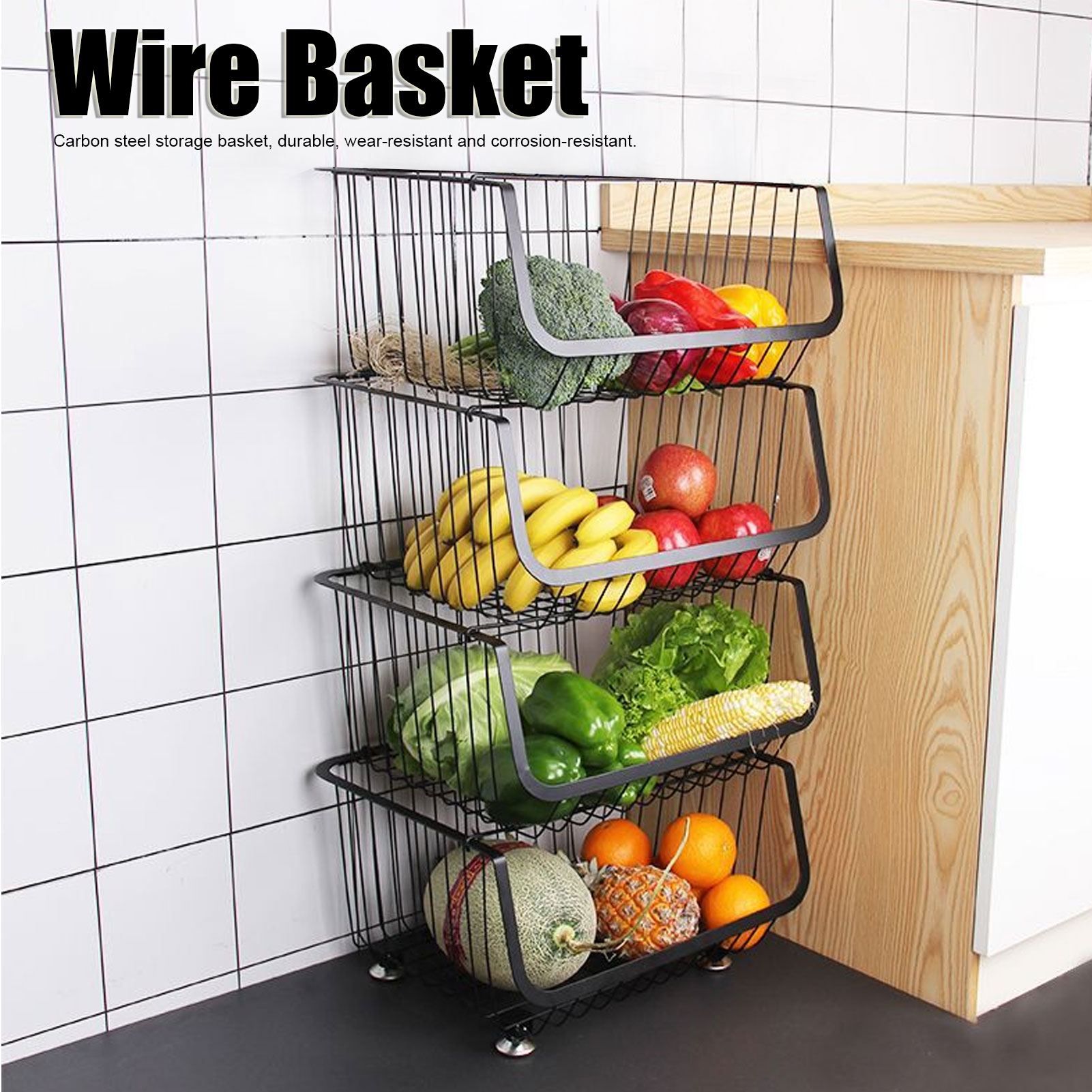 4 Tier Fruit Storage Basket Stand Kitchen RollingMetal Wire Basket Cart