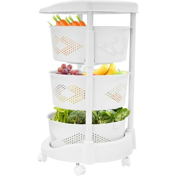 4 Tier Fruit and Vegetable Storage Basket for Kitchen, Rotating Storage Tower for Potato and Onion Storage Rolling Fruit Storage Cart with Lockable Casters, White (4-Tier)