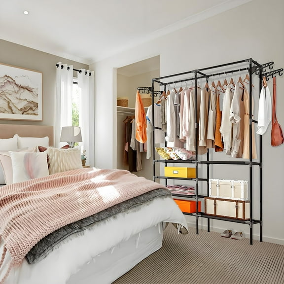 4-Tier Garment Rack, Heavy Duty Clothes Rack with Extended Hanger, Freestanding Wardrobe Closet Clothing Rack for Hanging Clothes-Black