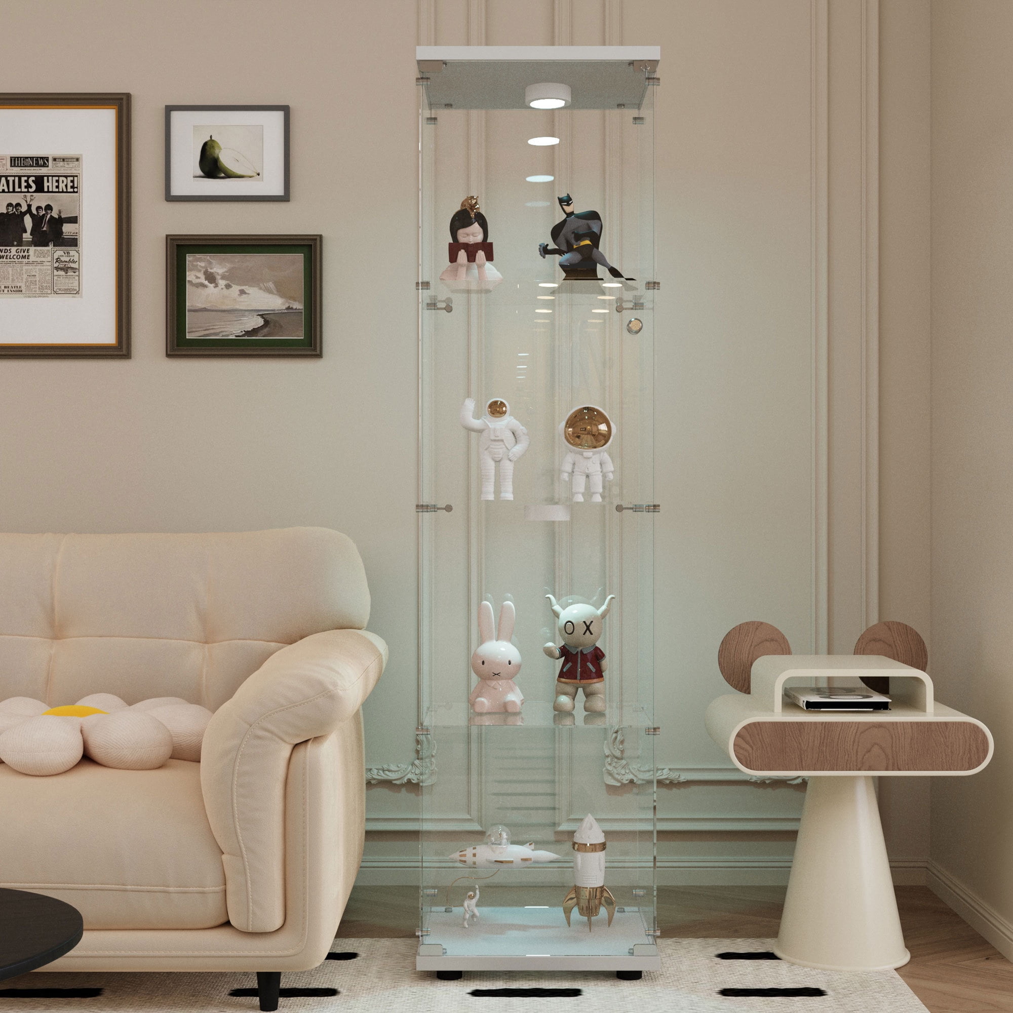 4-Tier Glass Display Cabinet with Glass Doors,65" Floor Standing Curio Bookshelf Collection Display Case for Living Room Bedroom Office,White
