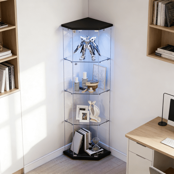 4-Tier Glass Display Cabinet with Glass Doors,Corner Storage Cabinet,Curio Cabinet & Bookshelf, Collection Showcase for Home Office,Black