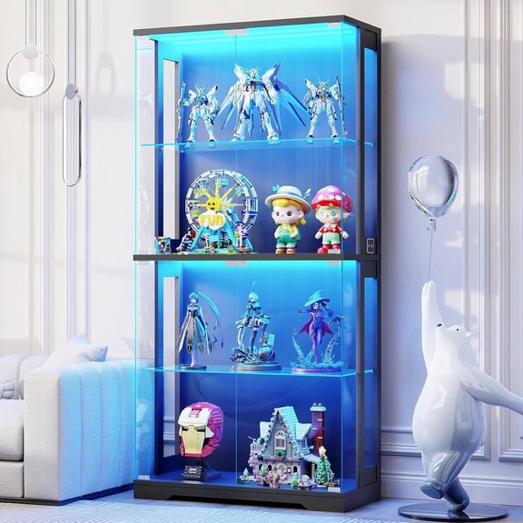 4-Tier Glass Display Cabinet with Pop-Up Doors, LED Lighting & Motion Sensor, 65" H x 31.5" W x 13.7" D