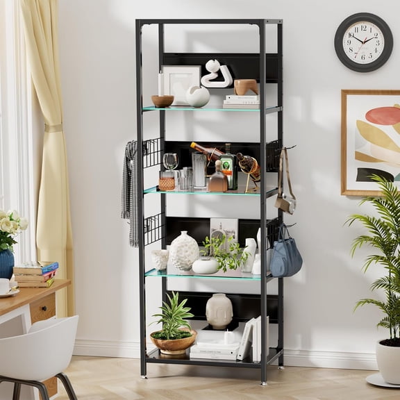 4-Tier Glass Display Shelf with RGB Lights, LED Lighted Curio Cabinet with Adjustable Storage Box & Hooks, Metal Frame Standing Shelf for Collectibles, Plants, Books, Living Room, Bedroom, Office