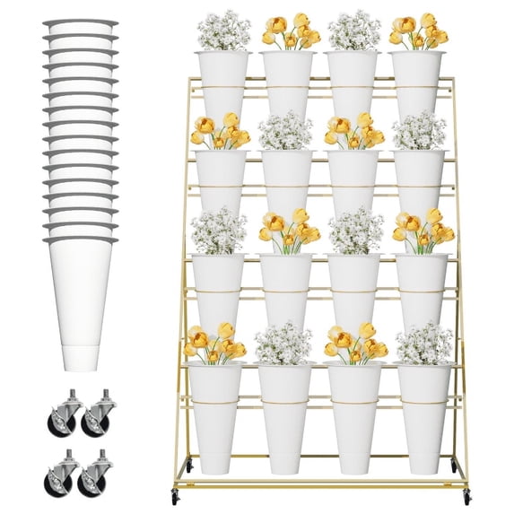 4-Tier Gold Floral Shop Plant Rack, 16 White Round Pots with Wheel, Mobile for Events, Nursery, Retail