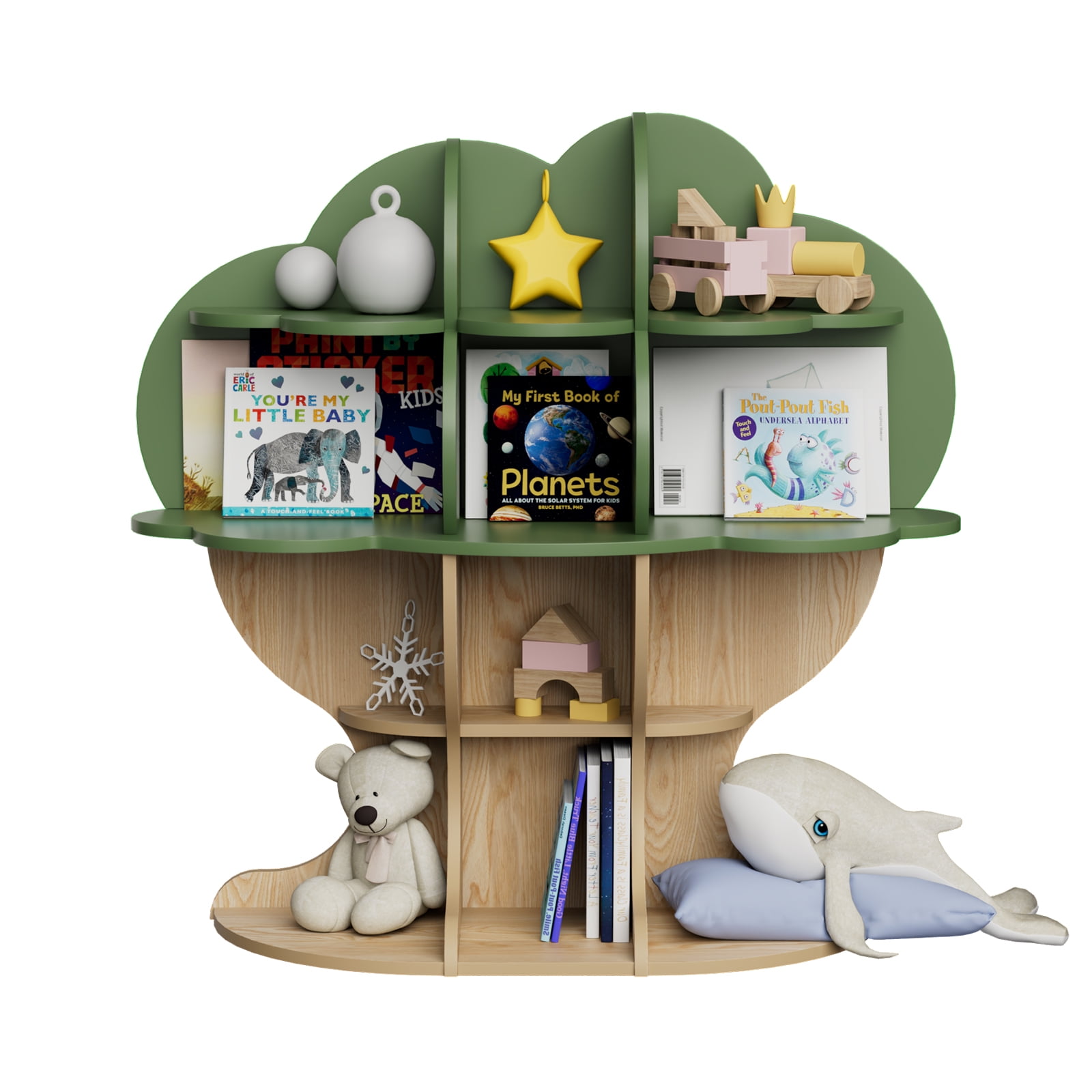 4-Tier Green Tree Kids Bookshelf – Durable Wooden Book & Toy Organizer ...