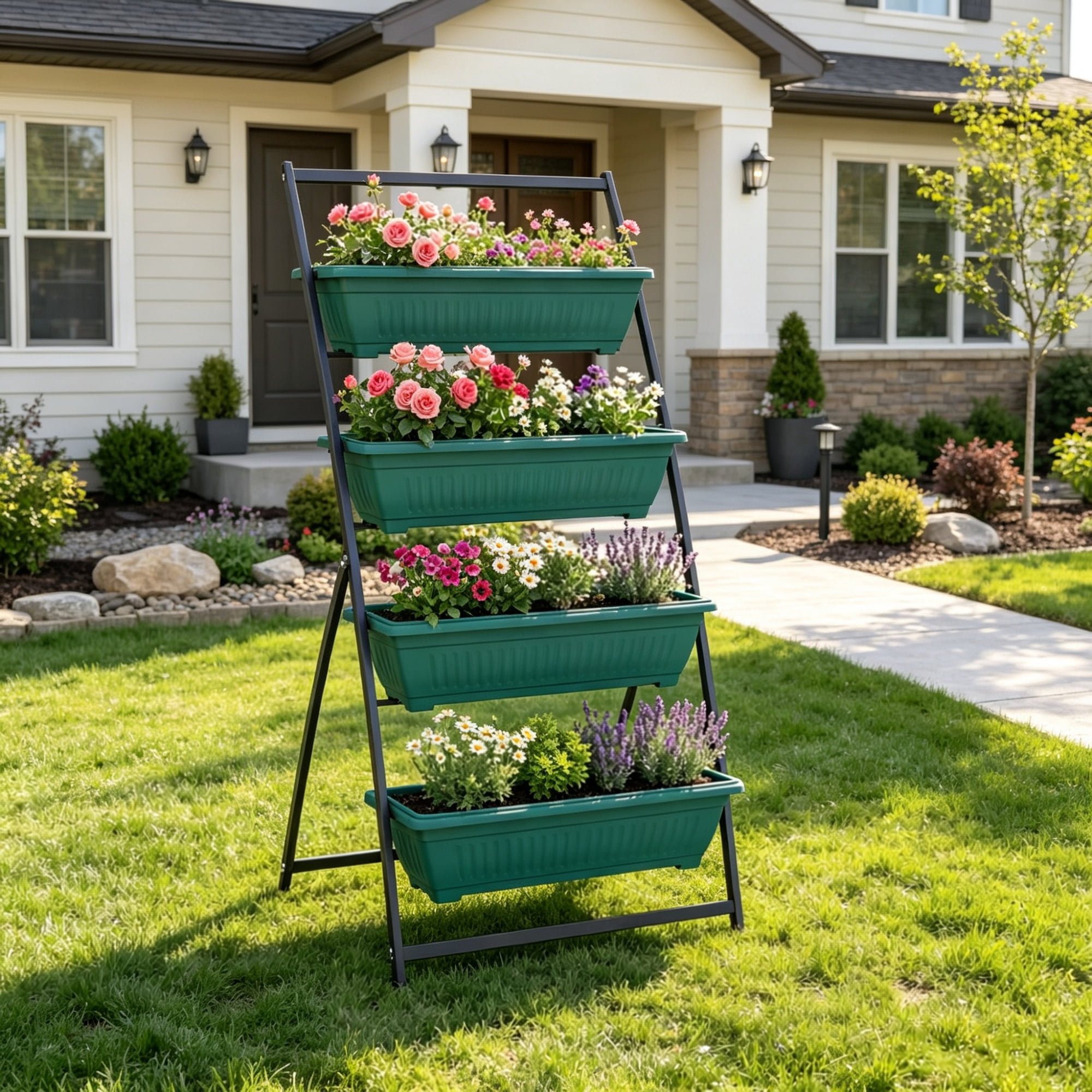 4-Tier Green Vertical Raised Garden Planter, Sturdy 4-Box Outdoor Plant Stand Grow Container for Plants