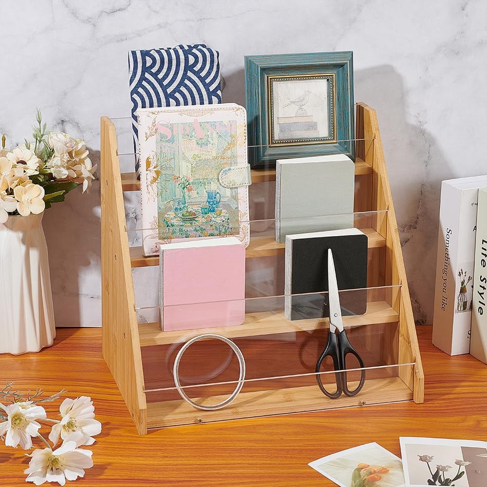 4-Tier Greeting Card Display Stands Bamboo Acrylic Display Case Postcard Rack Portable Sticker Display Stand Counter Retail Display Rack for Bookmark Counter Tabletop