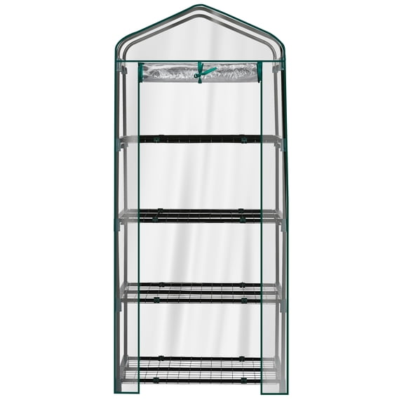 4-Tier Grid Mini Greenhouse, Pointed Top with Transparent PVC Cover, Dark Green Steel Frame & Zipper Roll-Up Door, 271962 in