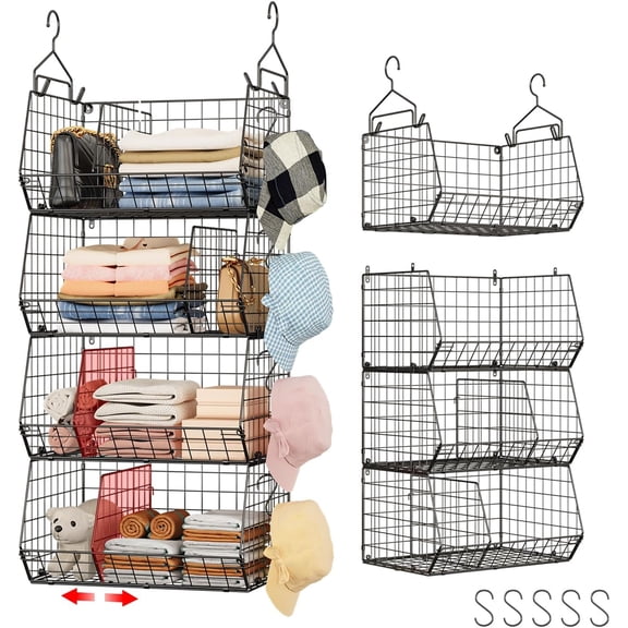 4 Tier Hanging Closet Organizer with Dividers,Extra Large Storage Hanging Shelf with 5 S Hooks 4 Dividers,Hang on Wire Closet Shelving Clothes Organizer-Black