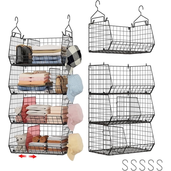 X-COSRACK 4-Tier Heavy Duty Metal Hanging Closet Organizer, Modular Wire Wardrobe Storage Baskets with 4 Dividers & 5 S-Hooks for Clothes, Sweaters & Jeans, Black