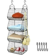 4 Tier Hanging Closet Organizers Storage Shelves with 5 S Hooks, X-cosrack Cabinet Wire Storage Basket Bins for Clothing Vegetable & Fruit Organizer,Black