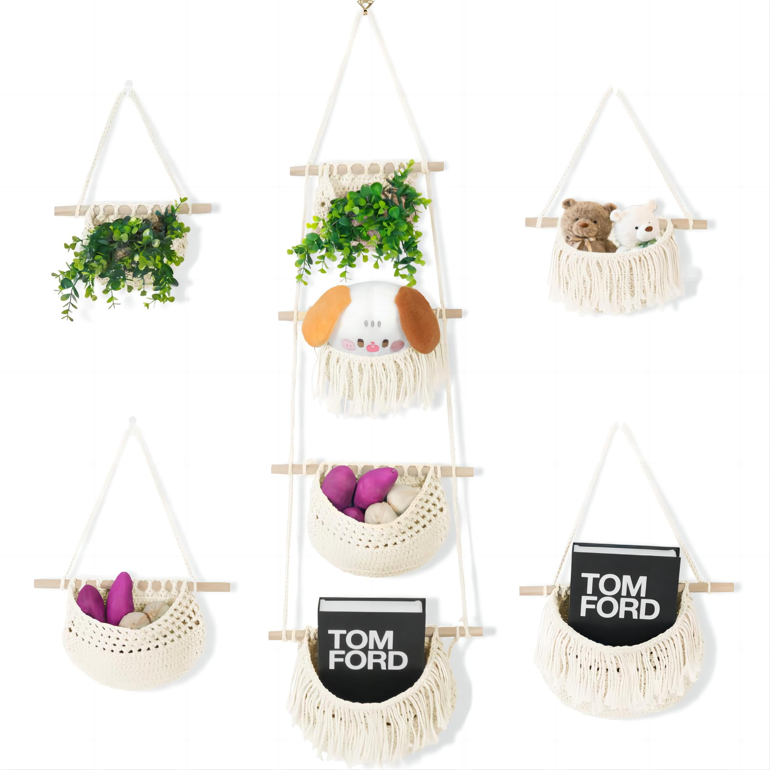 4 Tier Hanging Fruit Basket for Kitchen, Beige Boho Handwoven Cotton Rope Macrame Fruit Storage for Bathroom Bedroom, Detachable Wall Hanging Basket Over Door Organizer for Fruit Veggie Plant Decor