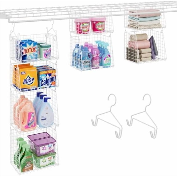 4-Tier Hanging Laundry Room Organizer: Foldable Wire Shelf Basket with 2 Large Hooks 1.65" & 360°Rotating Hooks – Space-Saving Laundry Storage Basket, for Wardrobe Closet Storage, White Patent