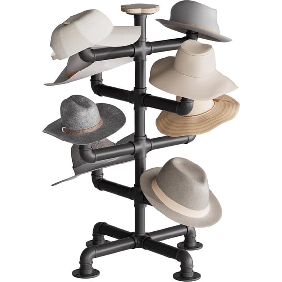 4-Tier Hat and Wig Display Stand with 8 Wood Hooks Heavy Duty Metal Tabletop Rack