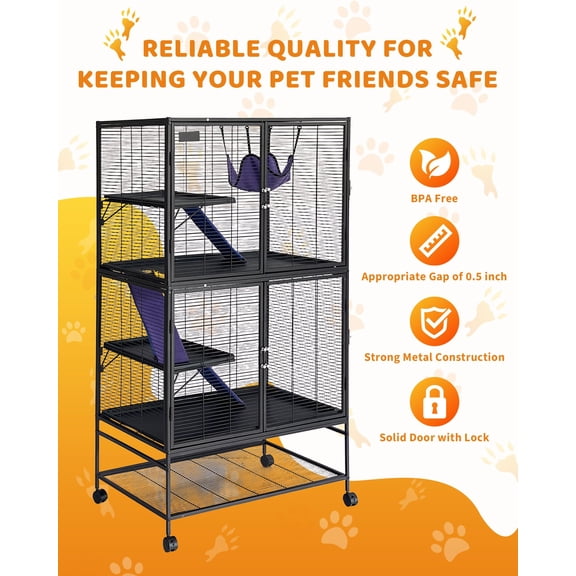 4-Tier Heavy Duty 64'' Deluxe Critter Nation Metal Cage – Ramps, Hammock, Storage Shelf, Removable Tray, Easy Clean & Assembly – Spacious for Ferrets, Chinchillas, Guinea Pigs, Hamsters