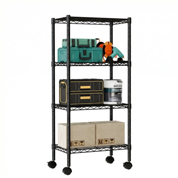 EDX 4 Tier Heavy Duty Adjustable Wire Shelving with Wheels, Storage Racks for Garage Kitchen Pantry Laundry Office, Easy Assembly, 23"W x 13"D x 48"H, Black