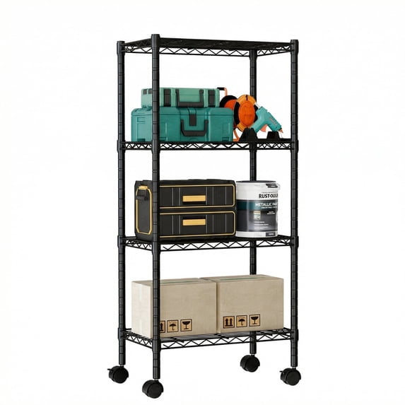 EDX 4 Tier Heavy Duty Adjustable Wire Shelving with Wheels, Storage Racks for Garage Kitchen Pantry Laundry Office, Easy Assembly, 23"W x 13"D x 48"H, Black