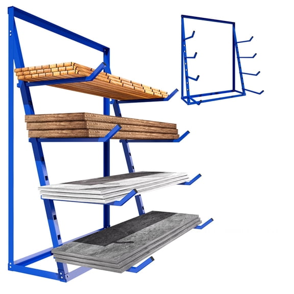 4 Tier Heavy-Duty Alloy Steel Wood Storage Rack, 1000LBS Load Capacity Blue Adjustable Shelving for Garage Workshop, Sturdy Rustproof Lumber Pipe Storage Organizer