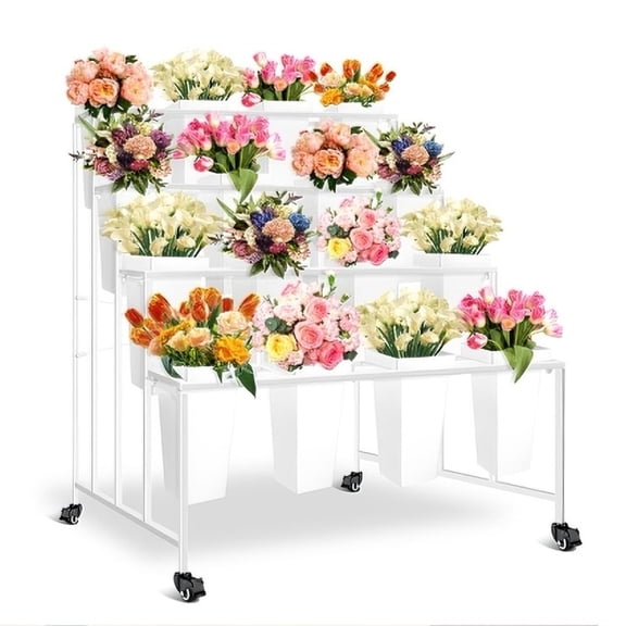 4 Tier Heavy Duty Flower Display Stand, Floral Display Stand with Wheels, Plant Stand with 16 White Buckets, Flower Bar for Weddings Home Terrace