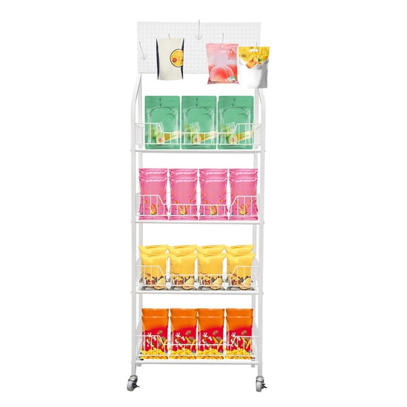 Shangmakel Shangmakel4-Tier Heavy Duty Metal Shelves & Hooks Retail Snack Display Rack with Wheels, 88lbs Capacity Rolling Storage for Store/Home