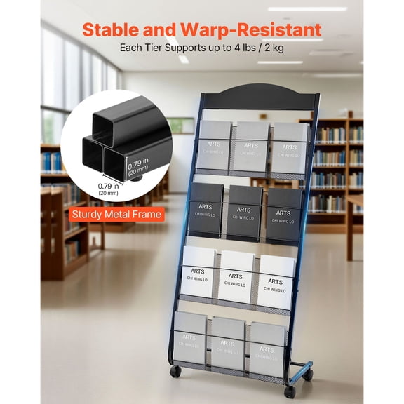 Brochure Display Rack, 4-Tier Magazine Literature Display Stand with Wheels, Movable Floor Standing Magazine Rack, Heavy Duty Newspaper Catalog Holders for Shop Exhibitions Office Craft Fairs