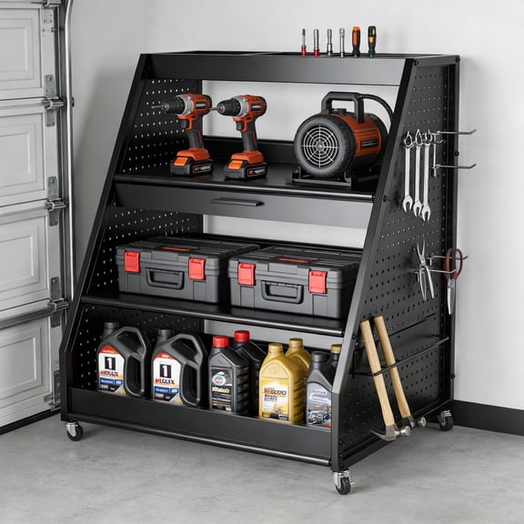 4-Tier Heavy-Duty Rolling Tool Storage Cart with Pegboard and Drawer, Garage Organizer for Tools, Equipment & Supplies, Black