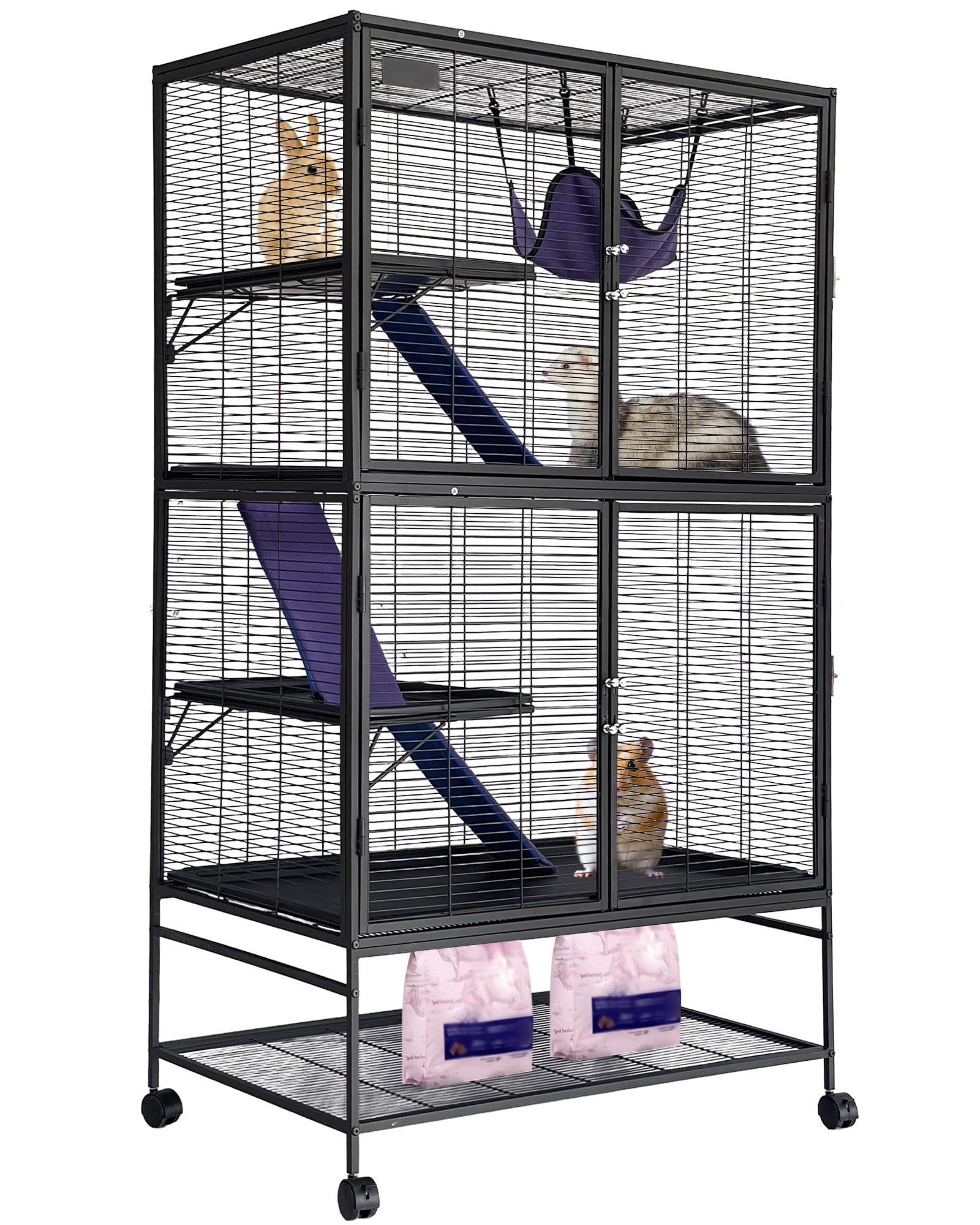 4-Tier Heavy-Duty Small Animal Cage for Ferrets, Chinchillas, Guinea Pigs, Hamsters, Rabbits – Metal Construction, Ramp, Hammock, Storage Shelf, Removable Tray – Easy Assembly & Cleaning