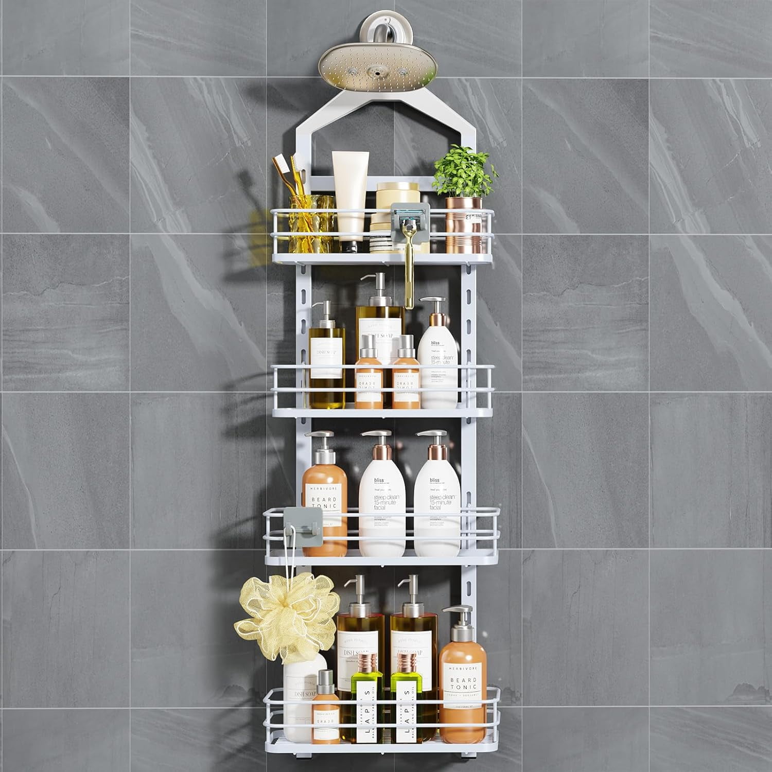 4 Tier Height-Adjustable Shower Caddy Hanging Anti-Swing-Over The ...