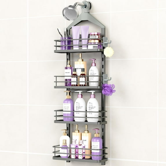 4 Tier Height-Adjustable Shower Caddy Hanging Anti-Swing-Over The Shower Head Caddy-Showers Storage Organizer Bathroom Shelves Basket Showers Caddies-Grey