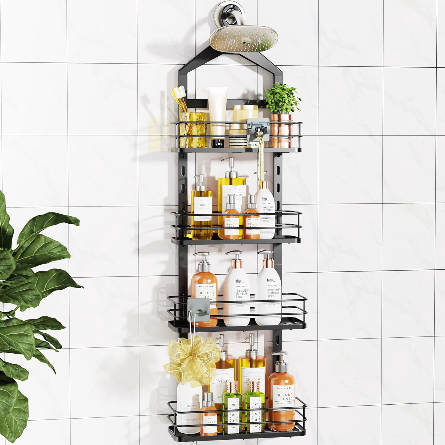 4 Tier Height-Adjustable Shower Caddy Hanging Anti-Swing-Over The Shower Head Caddy-Sho wer Storage Organizer Bathroom Shelves Basket Caddies-Black