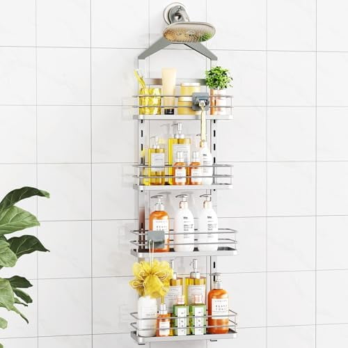 4 Tier Height-Adjustable Shower Caddy Hanging Anti-Swing-Over The Shower Head Caddy- Storage Organizer Bathroom Shelves Basket Caddies-Silver
