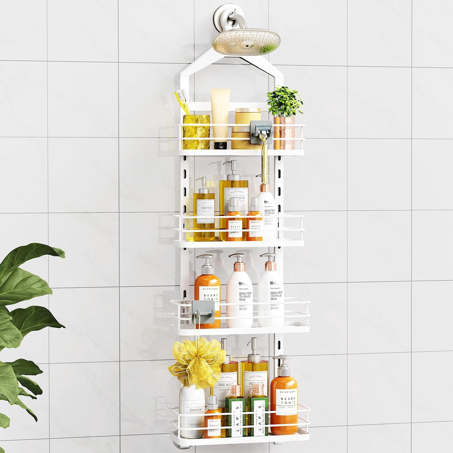 4 Tier Height-Adjustable Shower Caddy Hanging Anti-Swing-Over The Shower Head Caddy-Storage Organizer Bathroom Shelves Basket-White