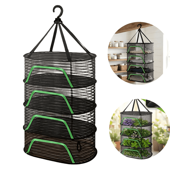 4-Tier Herb Drying Rack with Zipper, 27.6 x 19.7 in / 70 x 50 cm Foldable Mesh Drying Rack, Large Capacity Hanging Drying Net for Herbs, Clothes, Sweaters, Breathable & Gnats Prevention