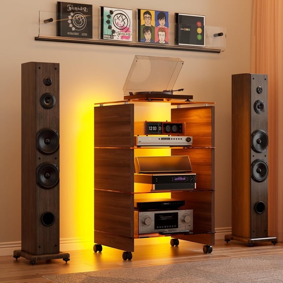 4-Tier HiFi Audio Rack, Audio Rack Tower with Wheels & LED Backlight,Floor Rolling Audio-Video Equipment,DVD Record Media Player Stand, Stereo Cabinet Shelf for /Office/Theater,Brown