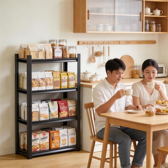 4-Tier Industrial Baker's Rack, Heavy Duty Metal Baking Rack, Black Kitchen Storage, Rust-Resistant, Adjustable Microwave Stand, 2500lbs, Easy Assembly, Sturdy Shelving for Baking Coffee Bar Pantry