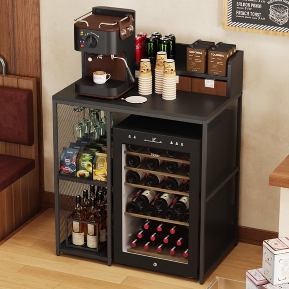 4-Tier Industrial Bakers Rack with Wine Fridge in Matte Grey