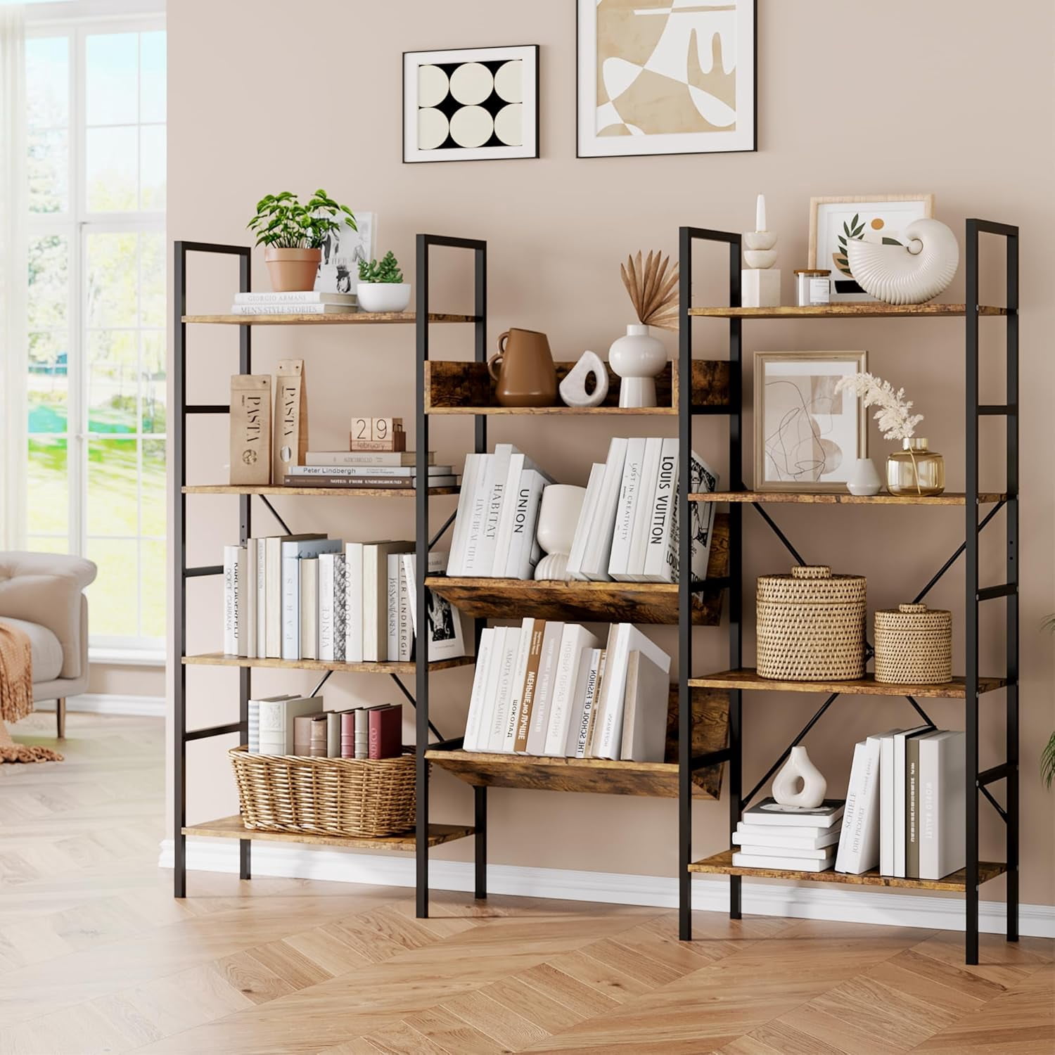 4-Tier Industrial Bookcase - Triple Wide w/ 11 Adjustable Shelves