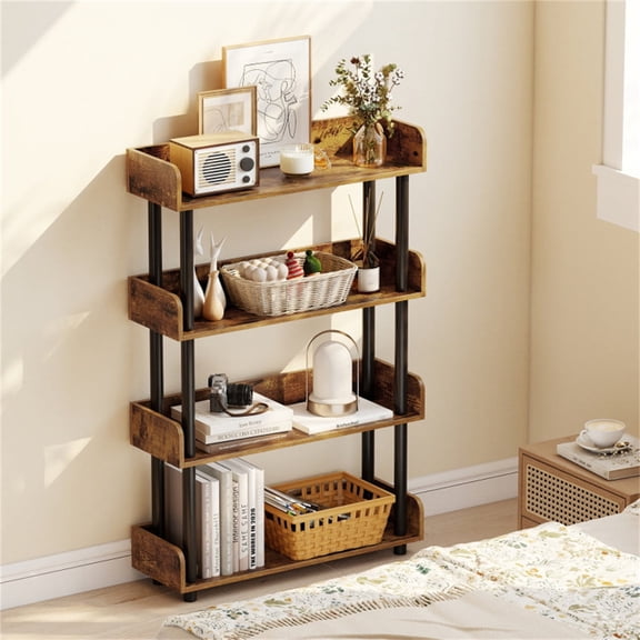 4-Tier Anti-Tipping Open Bookcase with Elevated Legs,  Rustic Brown Display Rack for Home Office