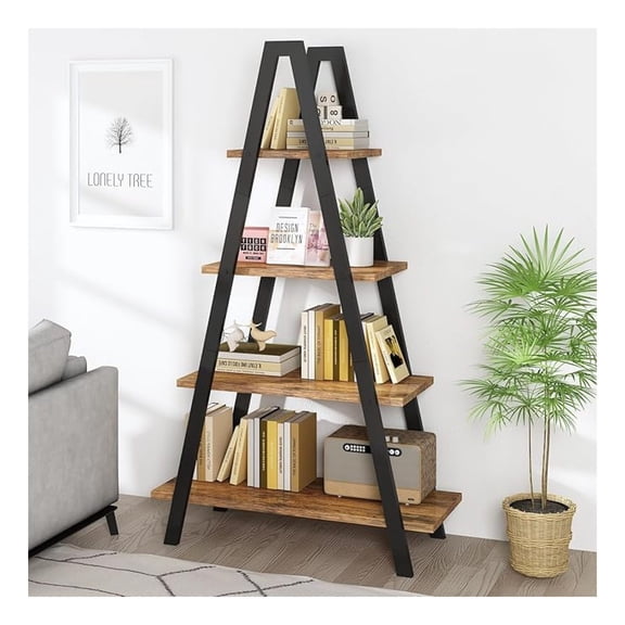 4-Tier Industrial Bookshelf with Metal Frame by - For Home Office and Living Room