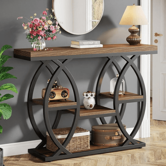 4-Tier Industrial Console Table - Rustic Narrow Accent Table with Metal Base for Entryway, Living Room & Small Spaces
