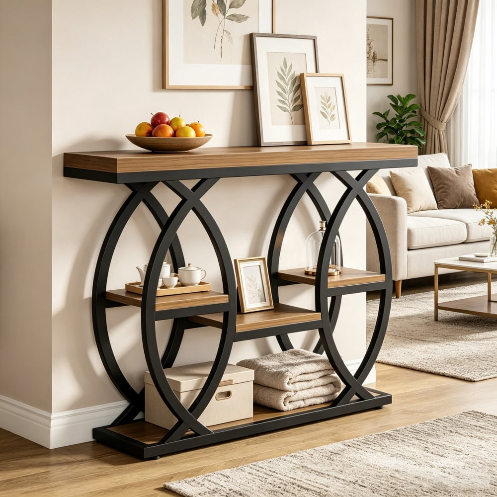 4-Tier Industrial Console Table, Rustic Top with Geometric Metal Frame, Narrow Entryway Sofa Table with Anti-Tip Device & Adjustable Foot Pads for Home Decor