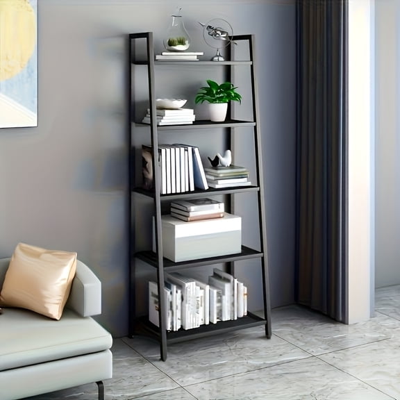 4-Tier Industrial Ladder Bookcase - 23.62" Wide Metal Frame Open Shelf, No Assembly, Sturdy Storage Rack for Home Office/Living Room