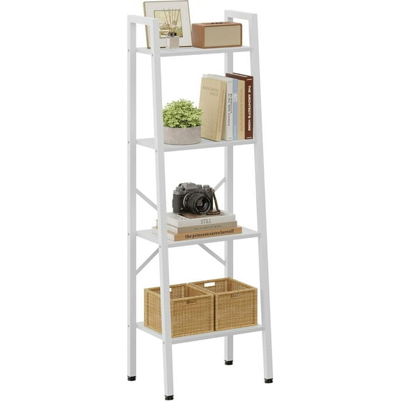 4-Tier Industrial Ladder Bookshelf, Narrow Ladder Shelf, Tall Standing Bookshelf, Skinny Open Ladder Shelf, for Living Room, Home Office, Kitchen, Bedroom, Metal Frame, White