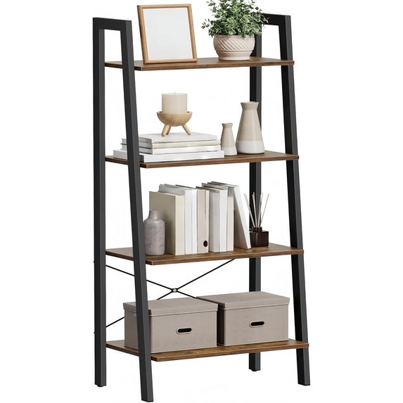 4-Tier Industrial Ladder Shelf, Heavy-Duty Steel Frame Storage Organizer - Versatile Display Rack for Living Room, Bedroom, Kitchen & Bathroom, Rustic Brown & Black