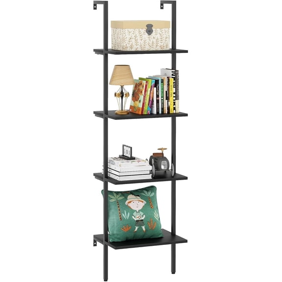 4-Tier Industrial Ladder Shelf, White Marble Wood Open Storage Rack, Metal Frame Wall Mount Display Bookshelf for Bedroom Home Office