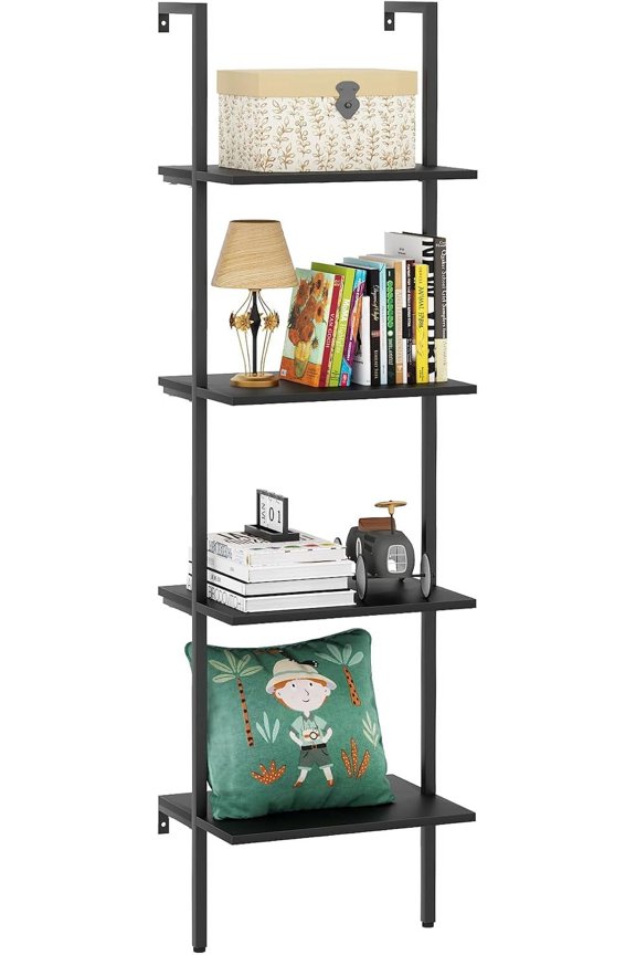 4-Tier Industrial Ladder Shelf, White Marble Wood Open Storage Rack, Metal Frame Wall Mount Display Bookshelf for Bedroom Home Office