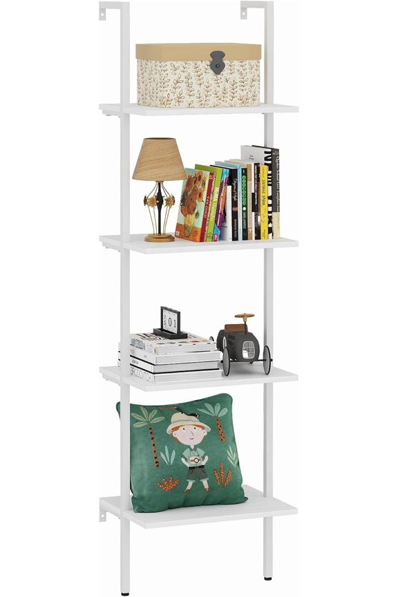 4-Tier Industrial Ladder Shelf, White Marble Wood Open Storage Rack, Metal Frame Wall Mount Display Bookshelf for Bedroom Home Office