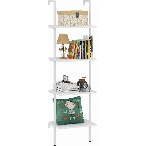 4-Tier Industrial Ladder Shelf, White Marble Wood Open Storage Rack, Metal Frame Wall Mount Display Bookshelf for Bedroom Home Office